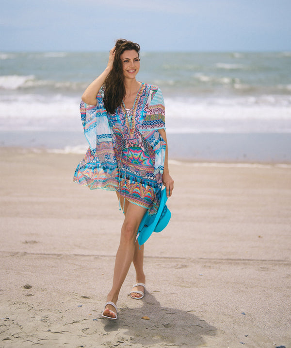 Pale Turquoise Aztec Print Kaftan with Embellished Neckline