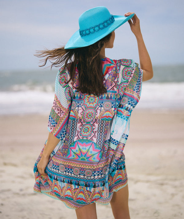 Back View: Pale Turquoise Aztec Print Kaftan with Embellished Neckline