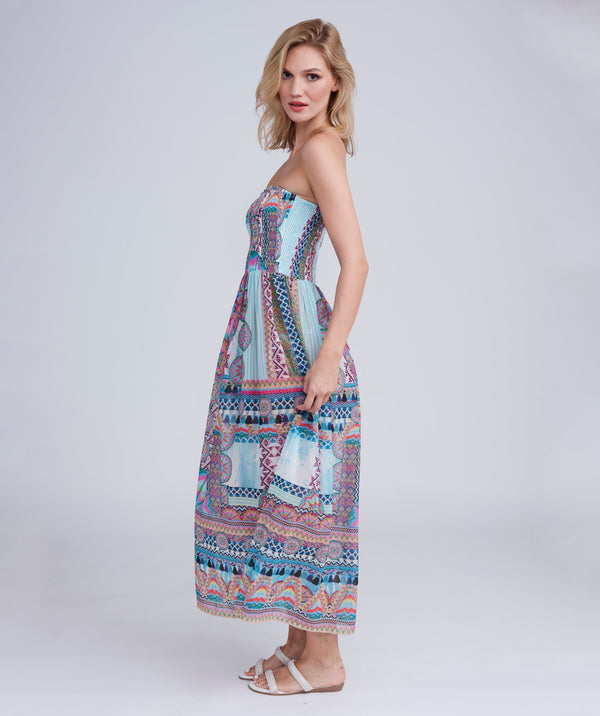 Side View: Pale Turquoise Aztec Print Strapless Maxi Dress with Elasticated Waist