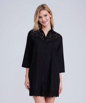 Black Lace-Trimmed Beach Shirt with V-Neck and Buttons