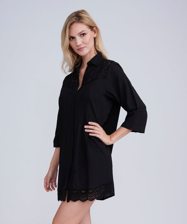 Side View: Black Lace-Trimmed Beach Shirt with V-Neck and Buttons