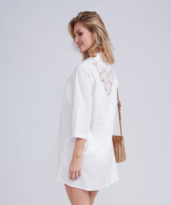 Back View: White Lace-Trimmed Beach Shirt with V-Neck and Buttons