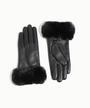 Black Leather Gloves with Faux Fur Cuff and Cosy Lining