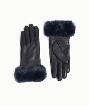 Navy Leather Gloves with Faux Fur Cuff and Lining