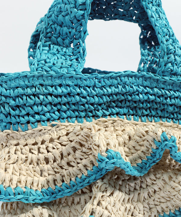 Close Up View: Sand and Turquoise Ruffle Detail Bag with Crossbody Strap