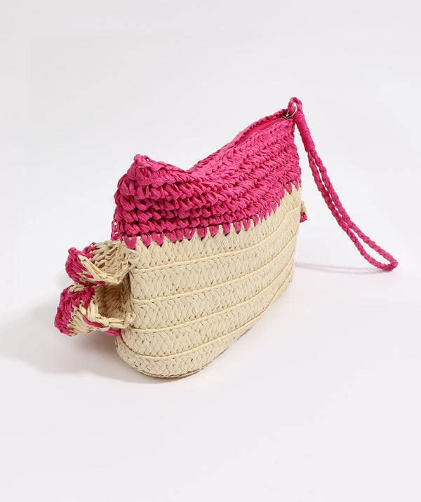 Rear View: Sand and Hot Pink Woven Straw Clutch Bag