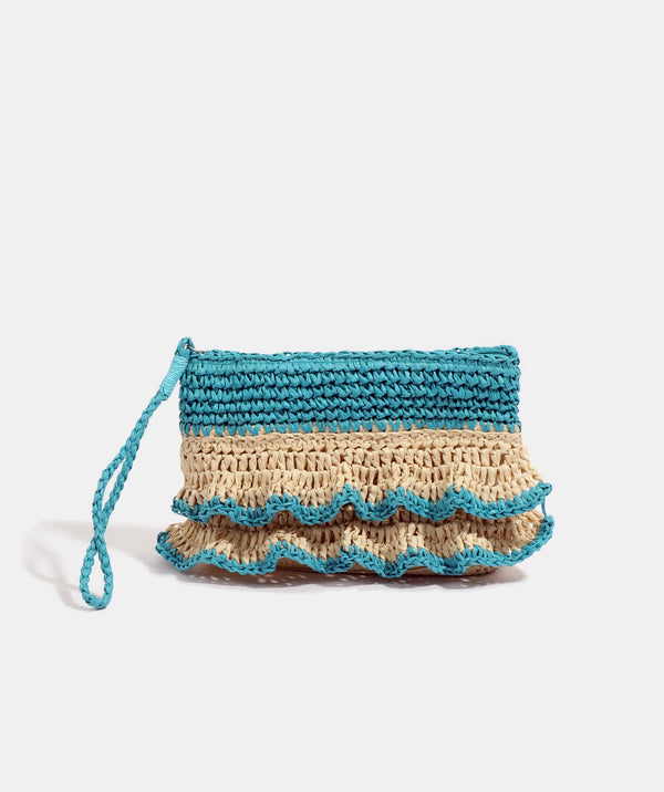 Sand and Pale Turquoise Ruffle Detail Clutch Bag