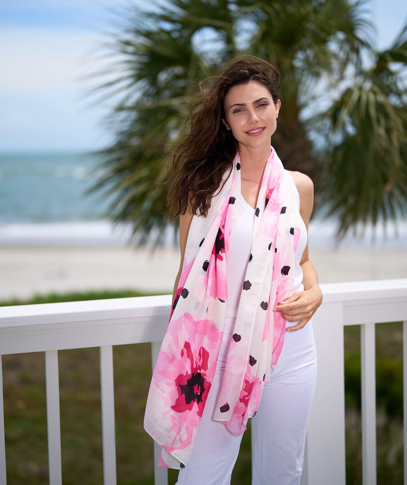 Black/White Oblong Scarf with Floral and Polka Dot Print