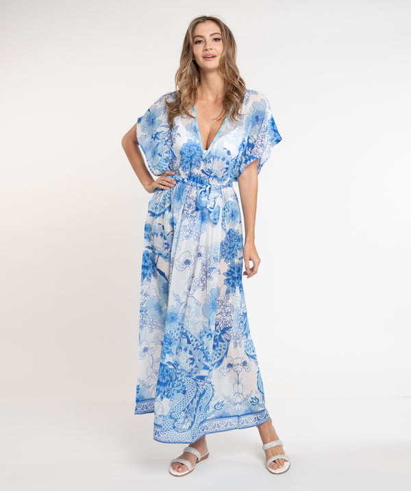 Blue Tile Print Maxi Dress with Beaded Embellishments