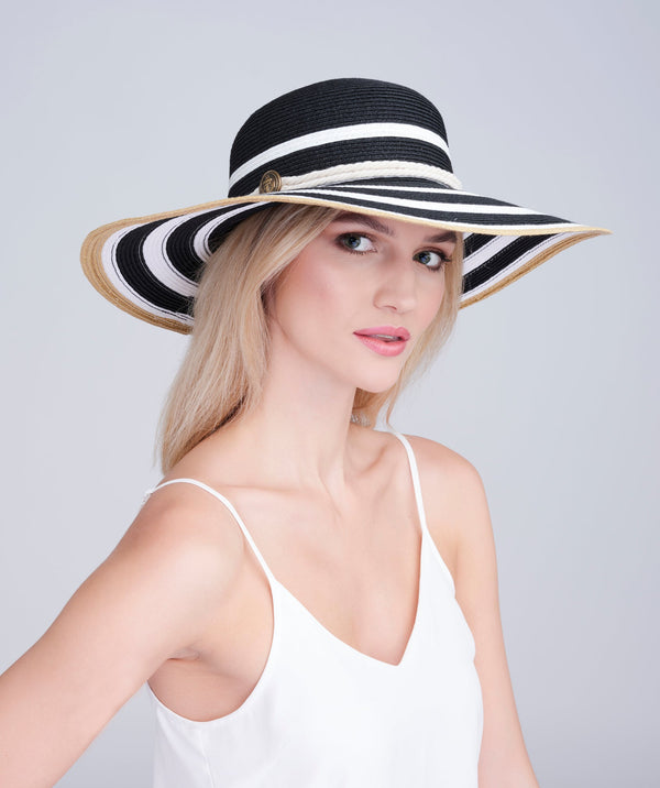 Monochrome Striped Wide Brim Straw Hat