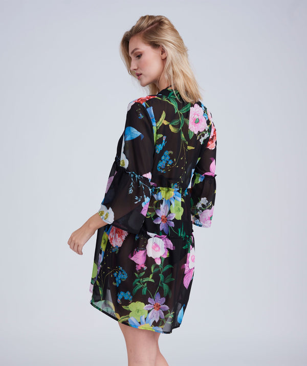 Back View: Black/Pink Midi Dress with Pretty Floral Print and V-Neck