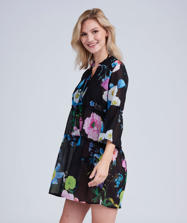 Side View: Black/Pink Midi Dress with Pretty Floral Print and V-Neck