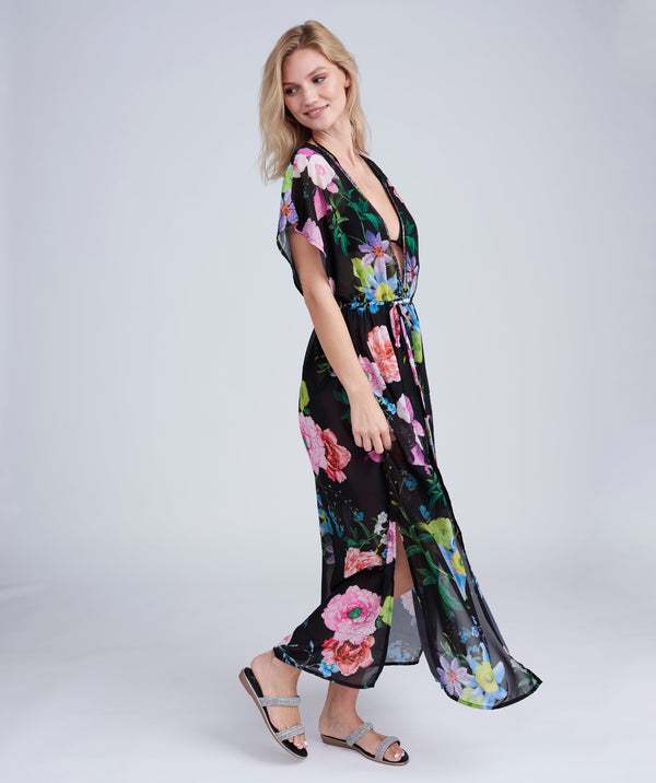 Side View: Black/Pink Floral Print Maxi Cover Up with Embellished Beading