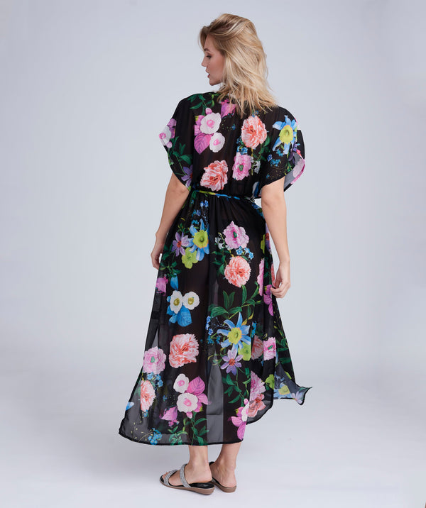 Back View: Black/Pink Floral Print Maxi Cover Up with Embellished Beading