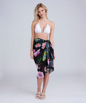 Black Floral Print Lightweight Sarong with Tie