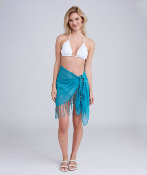 Sea Green Fringed and Beaded Sarong with Tassels and Shell Beading