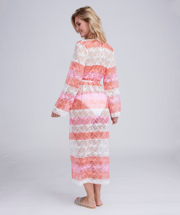 Coral Lace Ombre Maxi Kimono with Tie Waist