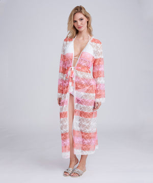 Coral Lace Ombre Maxi Kimono with Tie Waist