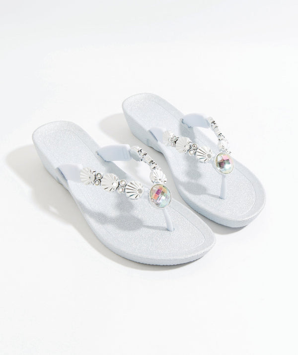 Silver Wedged Embellished Sandals with Non-Slip Sole