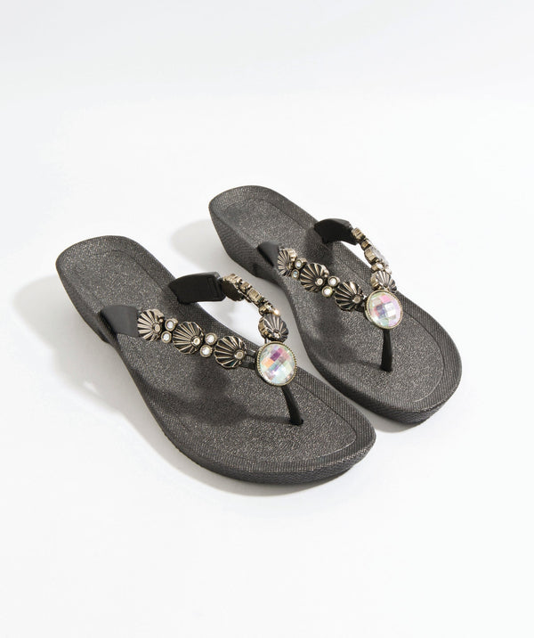 Black Wedged Embellished Sandals with Non-Slip Sole