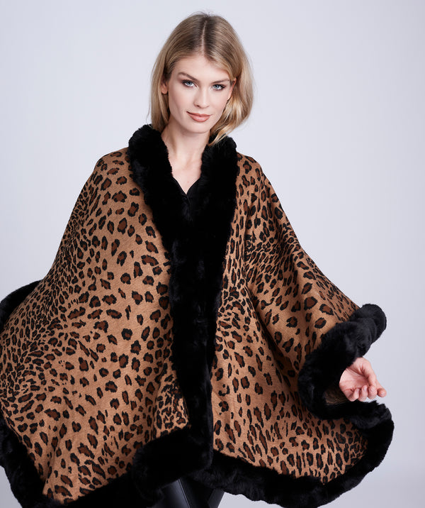 Leopard Print Faux Fur-Trimmed Wrap with Sleeveless Design