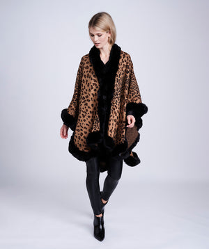 Leopard Print Faux Fur-Trimmed Wrap with Sleeveless Design