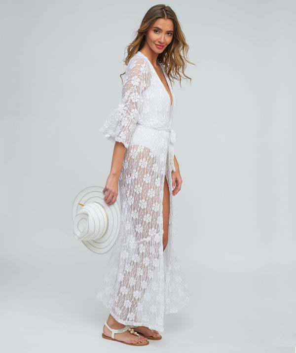 White Lace Skye Kimono: Full-Length Lightweight Design