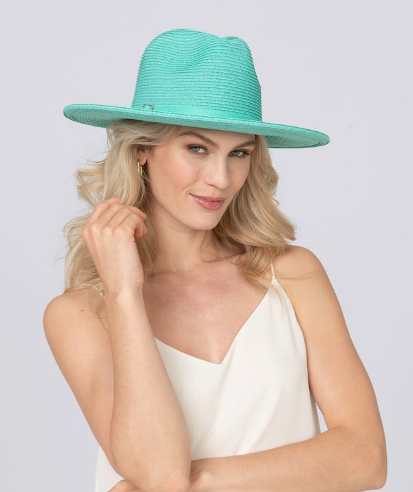 Turquoise Straw Fedora Hat with Belt Headband and UVA Sun Protection