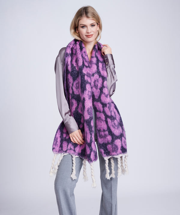 Purple Animal Print Blanket Scarf with Fringed Knotted Ends