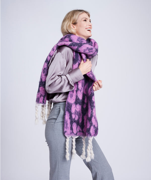 Purple Animal Print Blanket Scarf with Fringed Knotted Ends