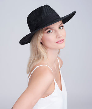 Classic Black Straw Fedora Hat with Ribbon Trim