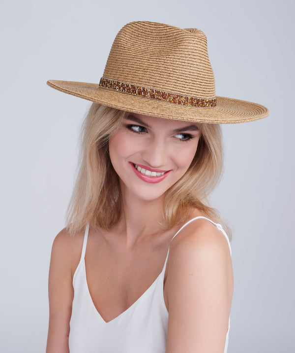 Tan Beach Fedora Hat with Bead Embellished Trim