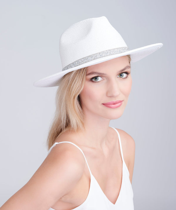 White Beach Fedora Hat with Sparkling Bead Trim