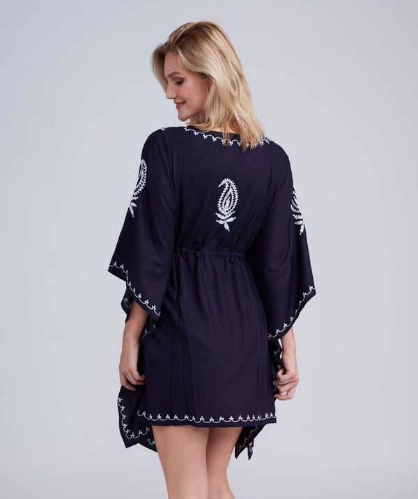 Navy/White Cotton Cover up with Contrast Embroidery and Drawstring Waist