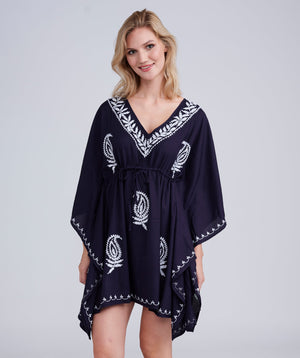 Navy/White Cotton Cover up with Contrast Embroidery and Drawstring Waist