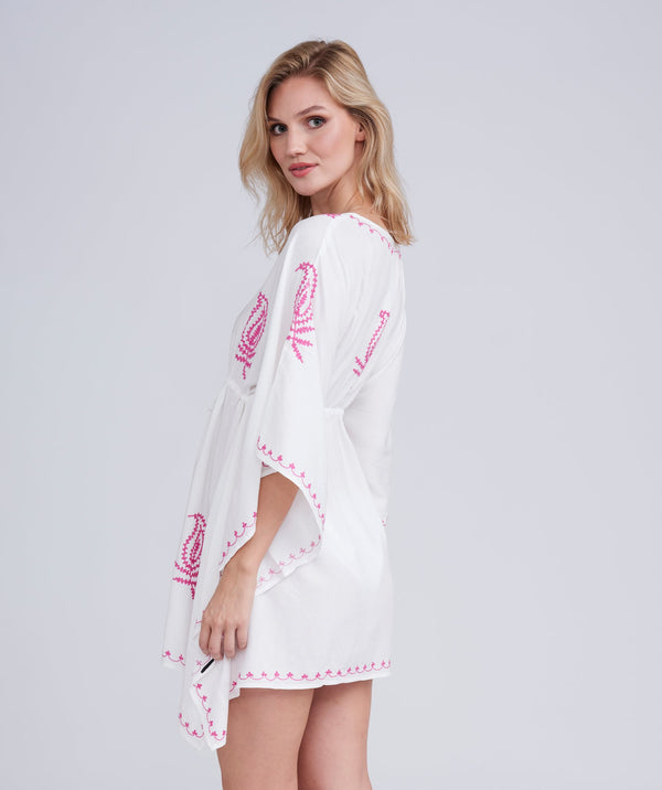 White/Pink Two Tone Embroidered Cover up with Drawstring Waist