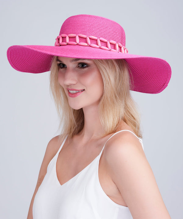 Fuchsia Wide Brim Hat with Tonal Bead Embellishment