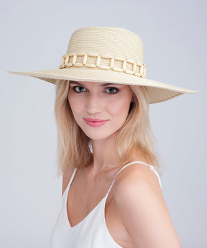 Natural Wide Brim Hat with Tonal Bead Embellishment