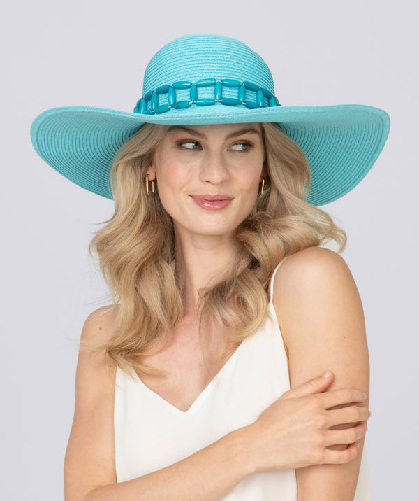 Turquoise Wide Brim Hat with Tonal Bead Embellishment