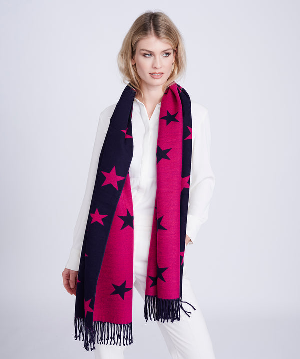 Navy/Pink Reversible Cashmere Feel Scarf with Leaf Print