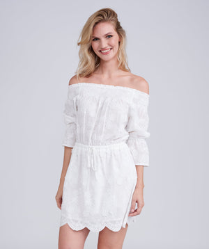 White Off-The-Shoulder Beach Dress with Scalloped Hemline