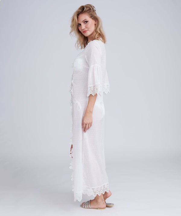 White Lace Maxi Kimono with Embroidered Floral Design