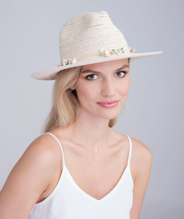 Blush Paper Straw Fedora Hat with Shell Bead Embellishment