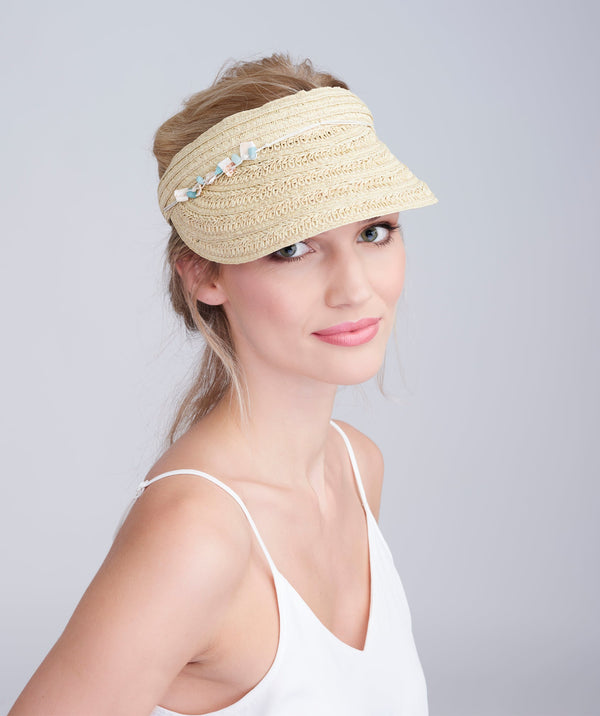 Natural Straw Visor with Shell Bead Embellishment