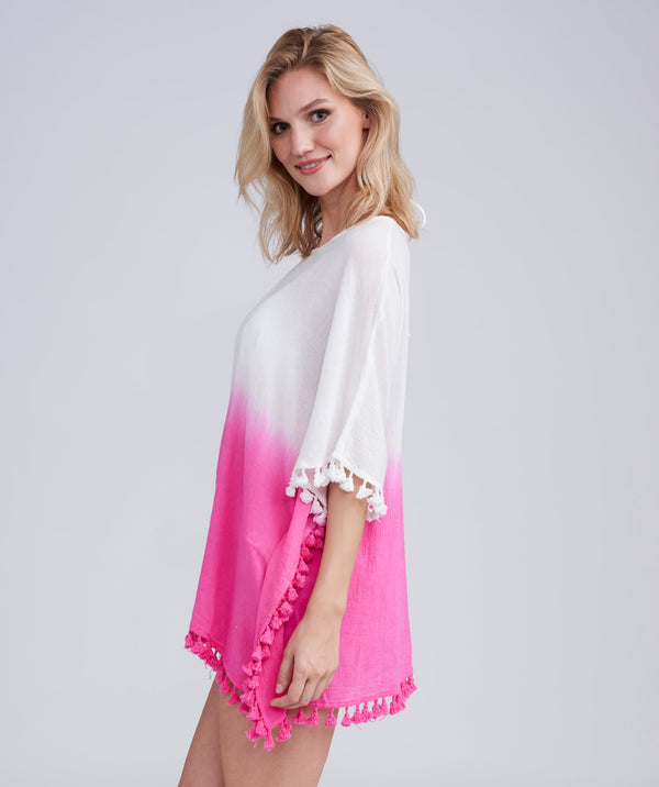 Hot Pink Crinkle Cotton Poncho Style Tie Dye Beach Coverup.