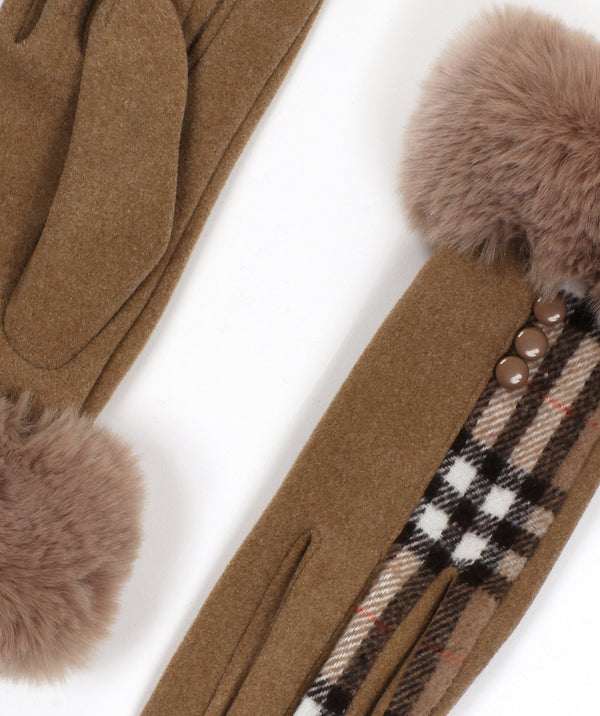 Beige Faux Fur Cuff Glove with Check Pattern