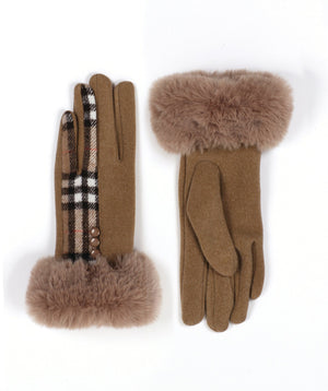 Beige Faux Fur Cuff Glove with Check Pattern