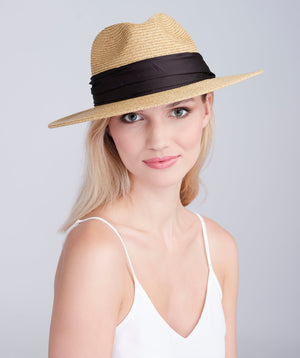 Tan/Black Straw Fedora with Satin Band - UPF 50