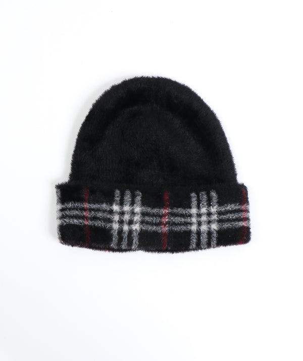 Women`s Black Beanie with Plaid Cuff