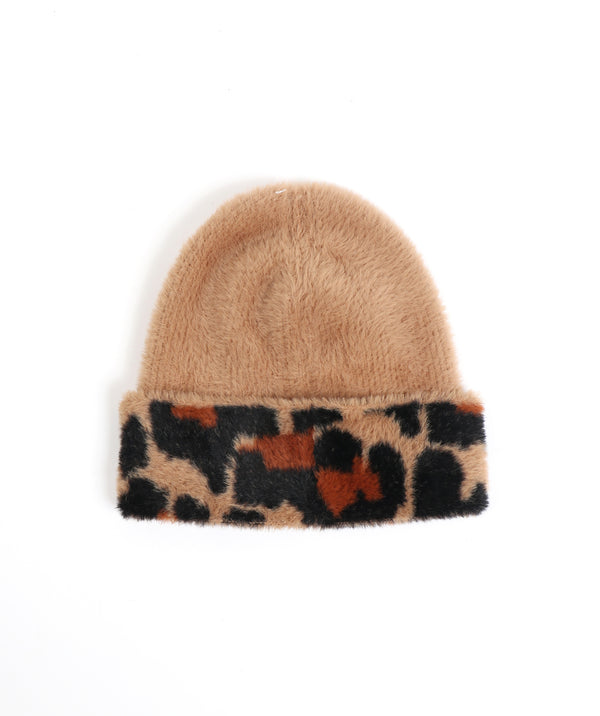 Camel Beanie Hat with Animal Print Cuff